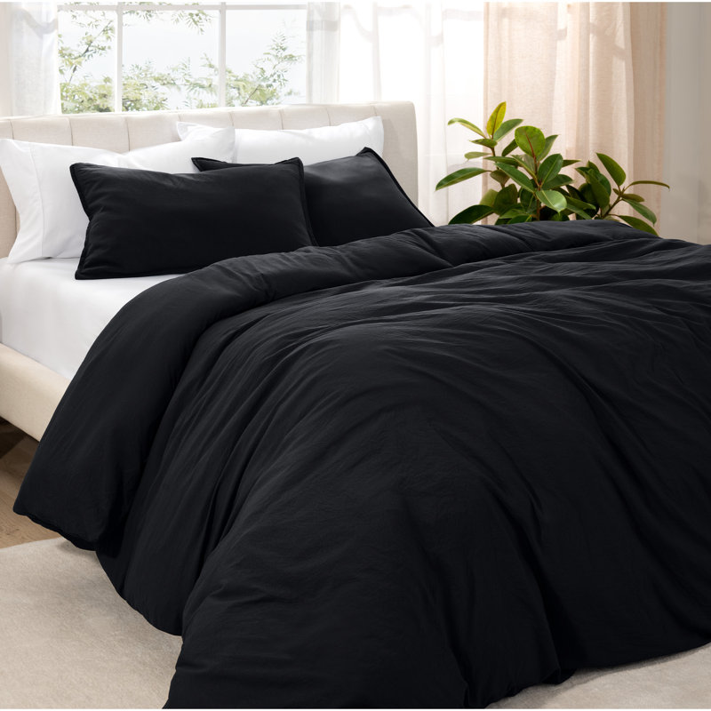 Washed Microfiber Duvet Cover Set, Sandwash Black, Full Duvet Cover + 2 Standard Shams