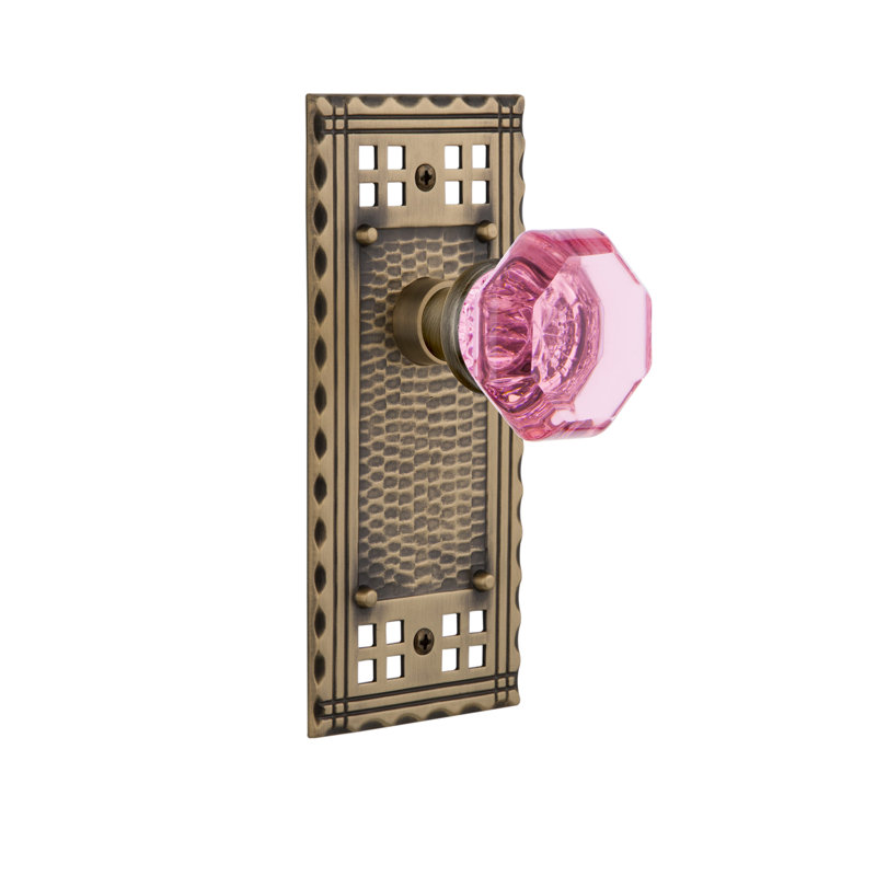 Plaque de porte mortaise intérieure en cristal rose avec plaque longue artisan Waldorf, Laiton antique, 2 1/4 po