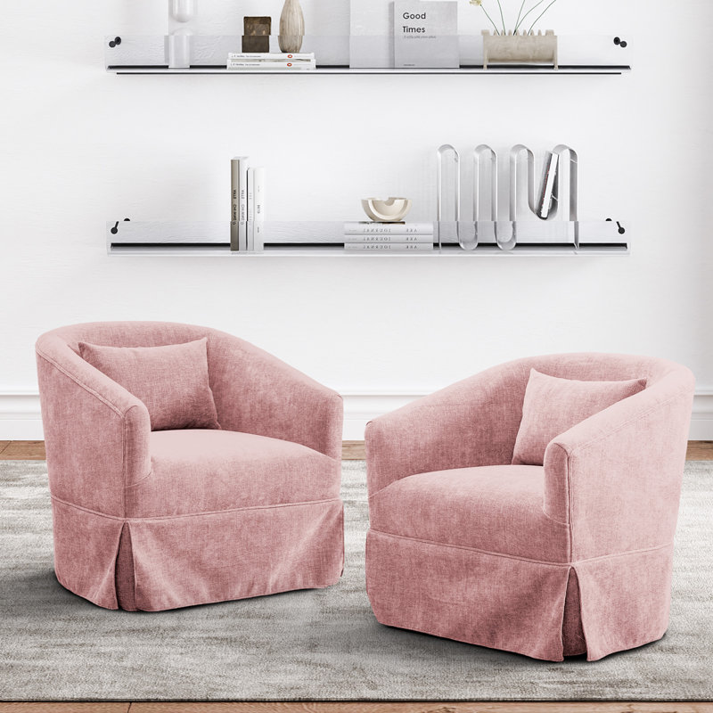 Pink Chenille Swivel Barrel Chairs with Skirt, Set of 2