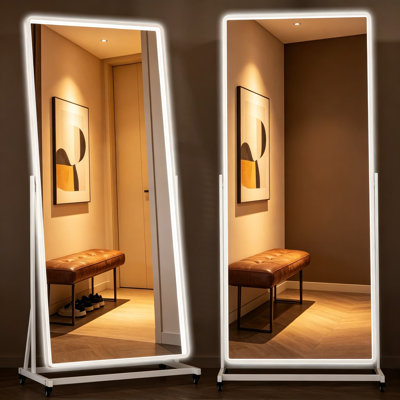 Full-Length Body Mirror With LED Lights And Wheels, 77 X 26 Inch Home Gym Mirror With 360° Rotation, Dimmable 3 Color Lighting, Tempered Glass And Metal Frame For Bedroom, Dance Studio, Cloakroom