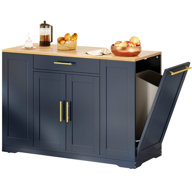 Îlot de cuisine avec plateau en bois et poubelle, Marine