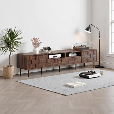 Meuble télé Mid-Century avec 2 tiroirs, console multimédia 78,7 pouces pour téléviseur de 85 po ou moins, meuble audio-vidéo avec armoires de rangement pour le salon et la chambre à coucher - brun foncé