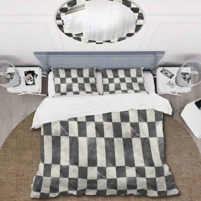Ensemble de housse de couette Mid-Century noir et gris Gingham I, Housse de couette très grand + 2 taies décorativ