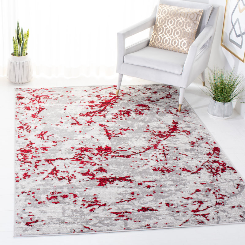 Tapis gris / rouge à motif abstrait, Rectangle 5 pi 1 po x 7 pi 6 po