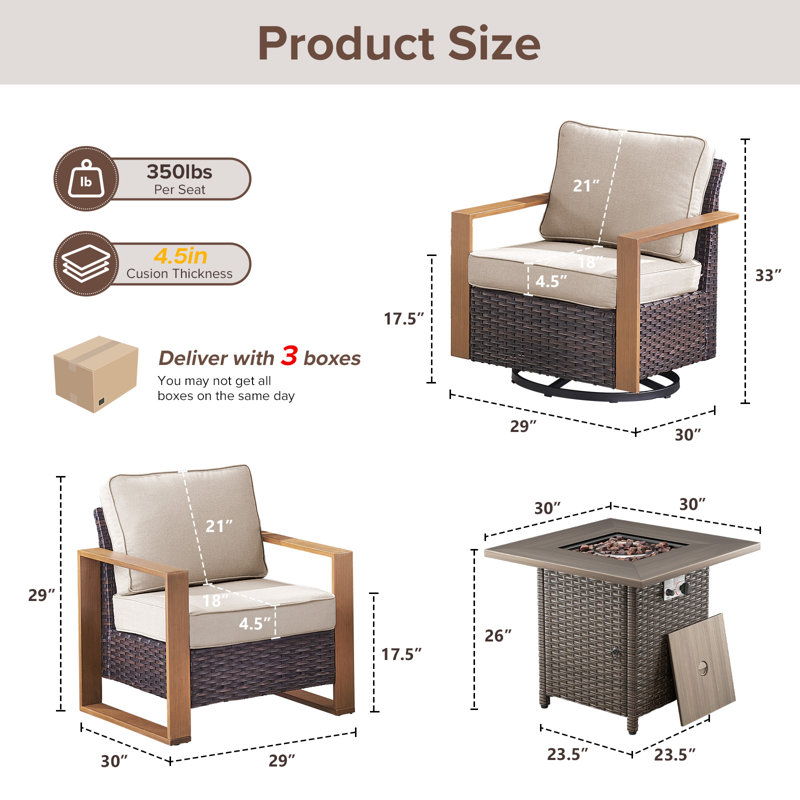 Drazen 4 - Person Patio Furniture Set With Fire Pit Table, All-Weather Wicker Outdoor Conversation Set With Chair And Thick Cushions