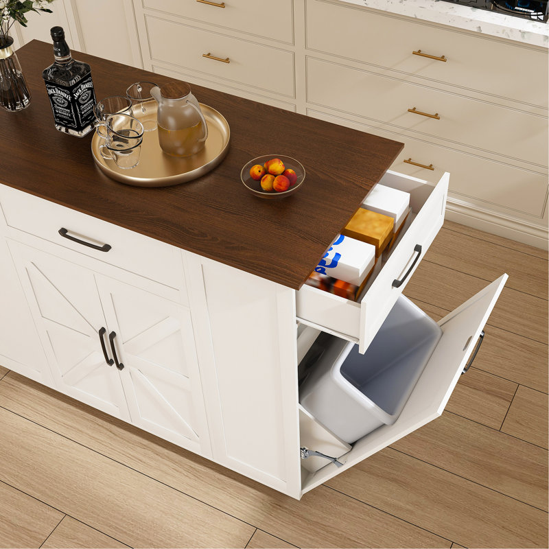Îlot de cuisine sur roulettes de 46 po avec rangement et prise de courant - Table de bar rustique mobile, plateau en bois avec tablette et tiroir réglables pour la cuisine, le salon et la salle à manger, blanc