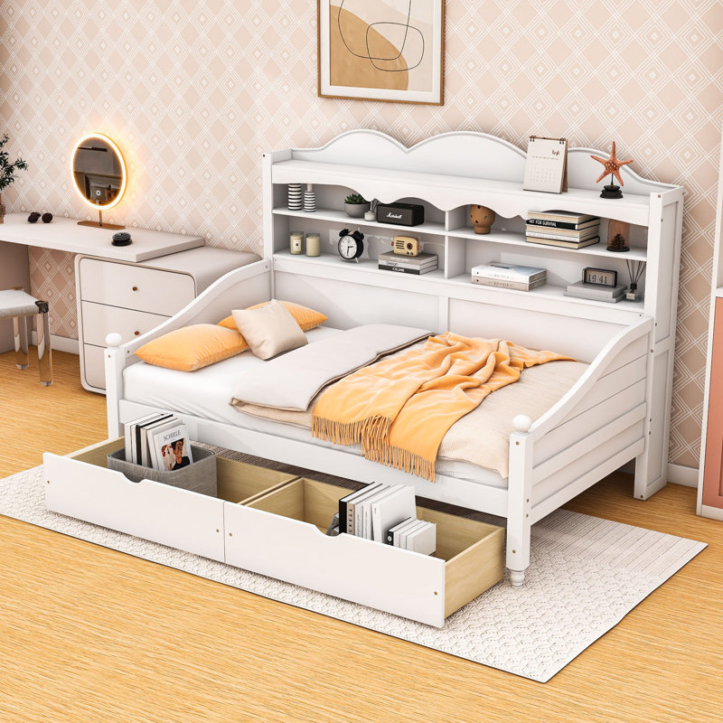 Twin Wooden Daybed with Storage and Hidden Drawers, White