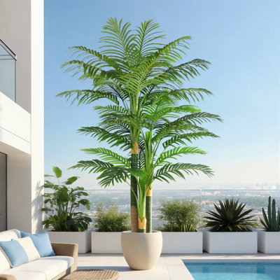 Palmier artificiel de 7 pi, paquet de 1 pot de fleurs beige anti-basculement, plante tropicale réaliste réaliste, décor intérieur et extérieur couvert pour la salle à manger, le porche, le hall d'entrée et le bureau