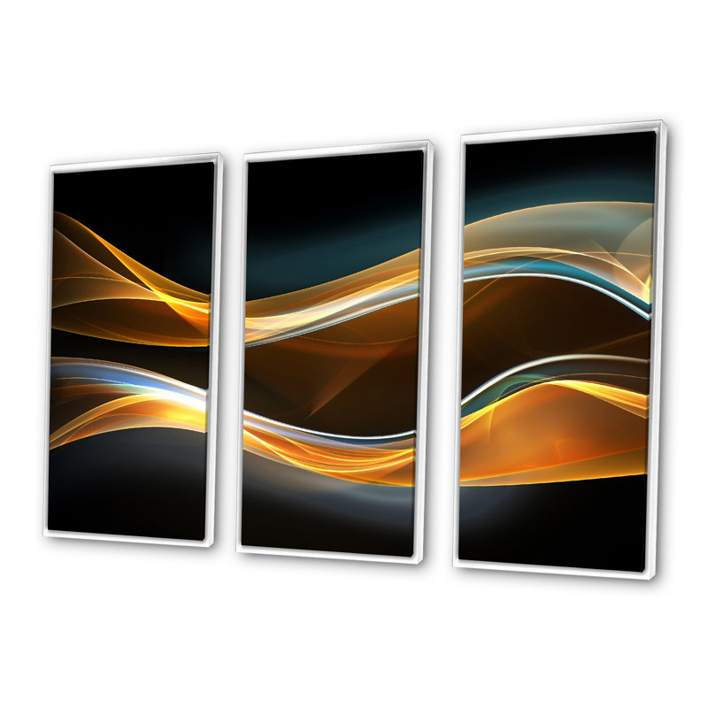 Vagues 3D dorées en noir - ensemble de 3 toiles abstraites encadrées, H 28 po x l 36 po x P 1 po, Cadre blanc