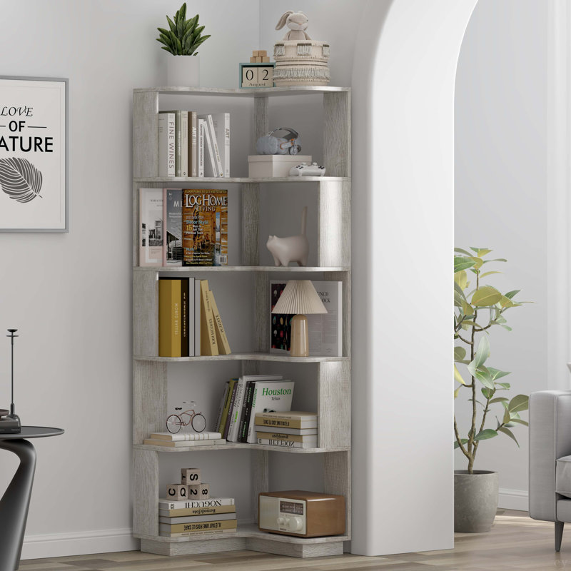 6 Tier Freestanding L-Shaped Corner Bookshelf For Living Room, Bedroom, Wooden Bookcase With Anti-Drop Panle And Anti Tipping Device, Display Shelf Open Storage Rack Organizer For Home Office
