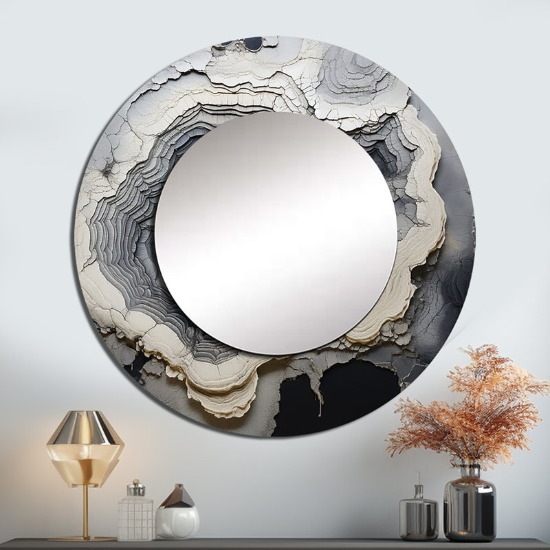 Robia gris pierre géode minimalisme II - miroir mural en pierre spirituelle, miroir décoratif rond noir, art imprimé en métal