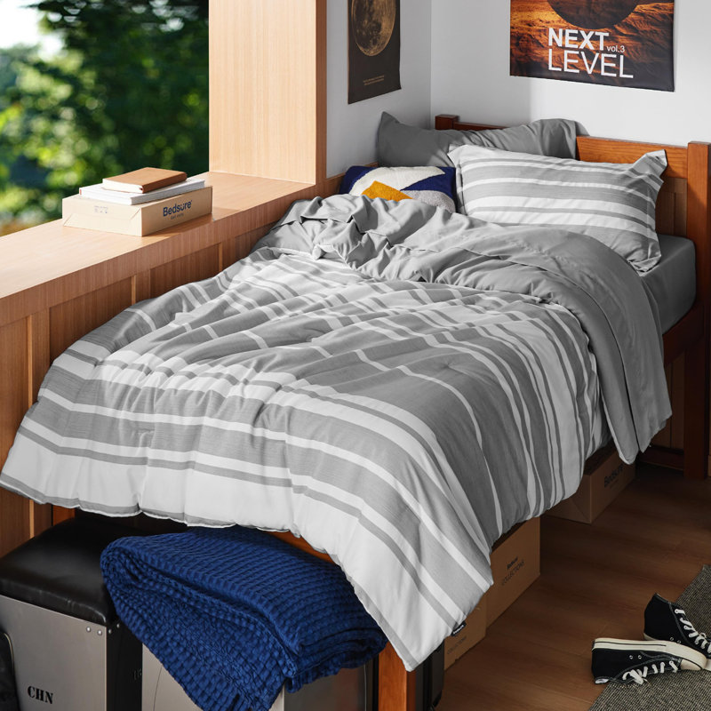 Bedsure Striped All Season Comforter Set, Gray, Twin-XL Comforter + 4 Additional Pieces