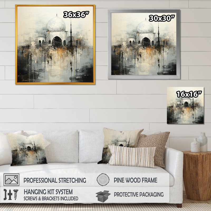 Mosquée de l'Islam minimalisme sur toile, Cadre simple noir, H 16 po x l 16 po x P 1 po