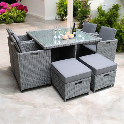 PARIS 8 Seater Cube Set 125x125cm Square Table with Parasol Hole, 4 Cube Chairs with Folding Backrest & 4 Integral Stools including Cushions