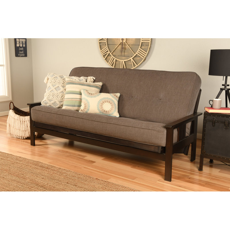 Structure de futon double avec matelas à ressorts double Johnte, Premium Pocket Coil, Lin cacao clair, Espresso