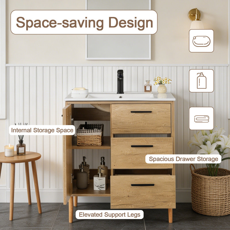 Ensemble meuble-lavabo simple autoportant moderne en chêne jaune de 30 po