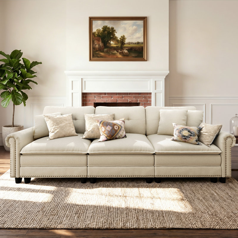 124" Modular Sectional Sofa With Nailhead Trim, Comfy Cloud Couch For Living Room, 3-seater Deep Seat Sofa With Throw Pillow