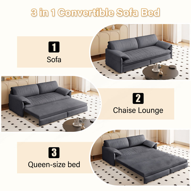 Queen Pull Out Sofa Bed, 3-In-1 Convertible Sleeper Sofa With Side Storage, Loveseat Bed