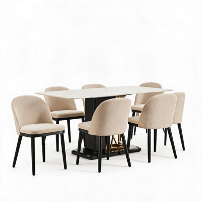 Ensemble de 6 chaises de salle à manger rembourrées en lin modernes, chaises de cuisine ergonomiques à dossier haut avec siège rembourré épais et pieds en bois d'hévéa, capacité de 300 lb pour la salle à manger, le salon et le restaurant, beige