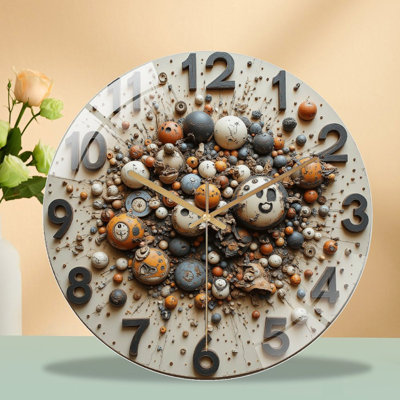 Unique Artisan Clock Wall Decor Handmade Beige Orange Art - 12'' Modern Glass Wall Clock