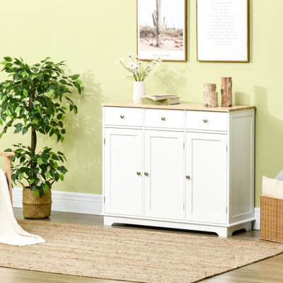 Storage Cabinet Sideboard - Modern White With Solid Wood Countertop, 3 Drawers, Doors, Adjustable Shelf And For Kitchen