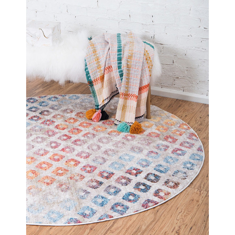 Tapis à motif géométrique multicolore Corvena, Rond 3 pi 3 po