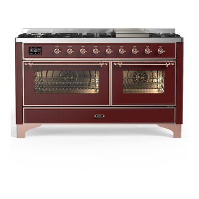 Cuisinière à carburant double de 60 pouces avec 7 brûleurs scellés et plaque chauffante Majestic III Series en bourgogne (gaz naturel, garniture en cuivre)