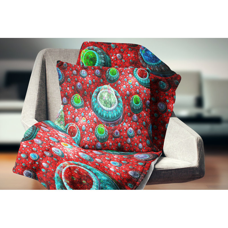 Planète exotique Fractal - coussin imprimé abstrait, 18 po x 18 po, Rouge, Coussin décoratif