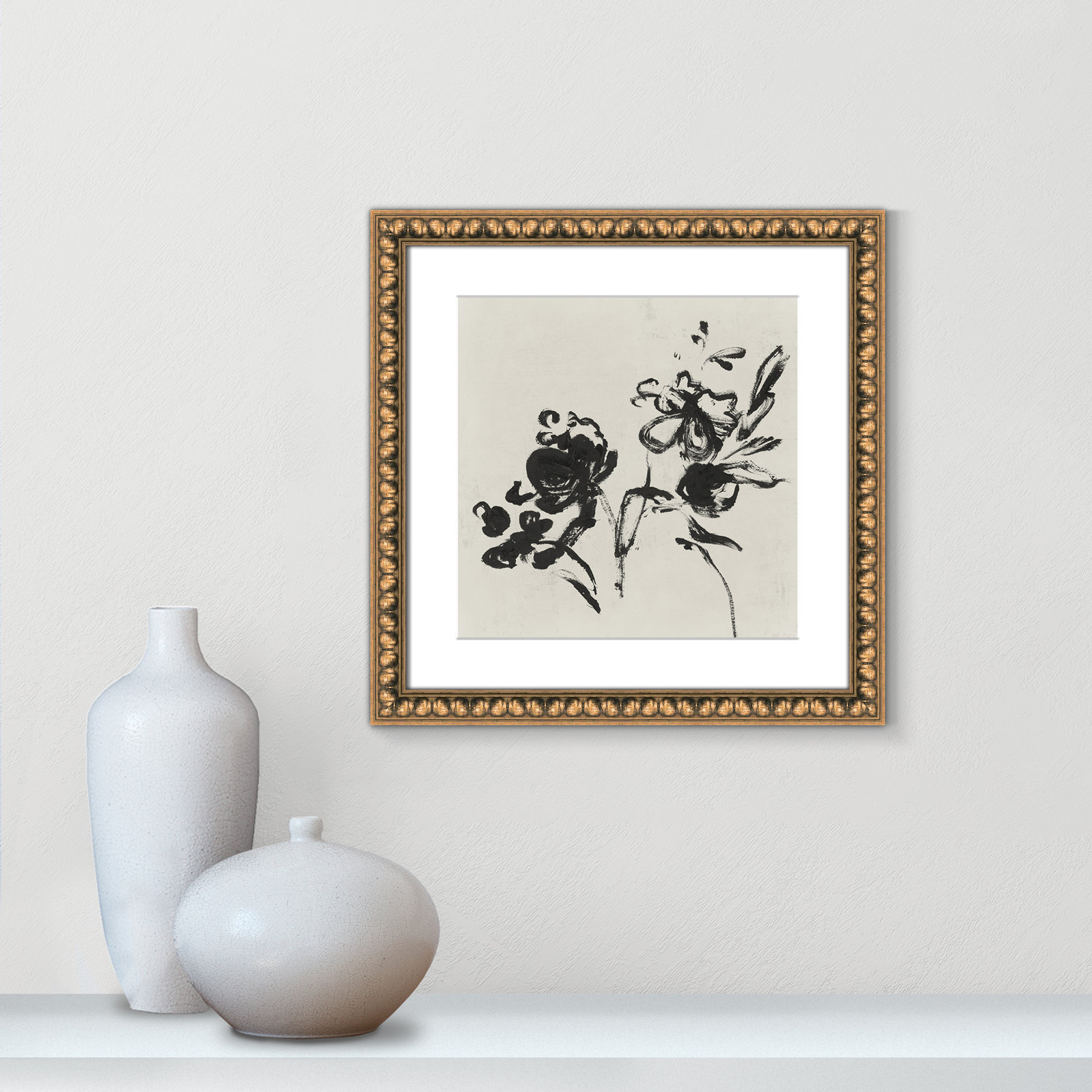 Black Florals I by Isabelle Z - Picture Frame Painting, 18.25" H x 18.25" W , Gold Bead