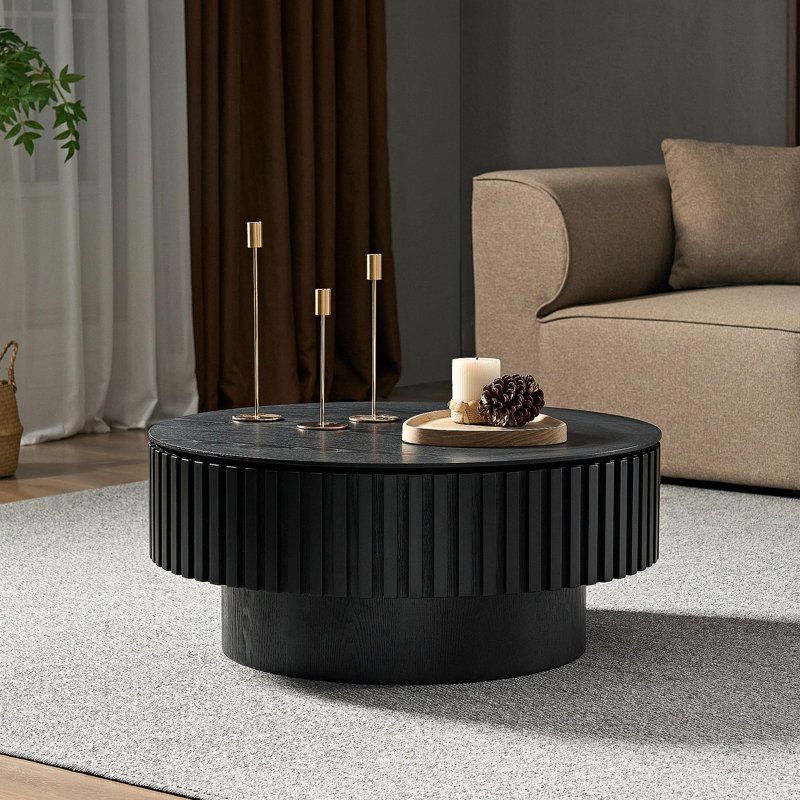 Table basse 31,49 po en bois avec rangement pour appartement, table basse moderne avec piédestal robuste, noir, Noir mat