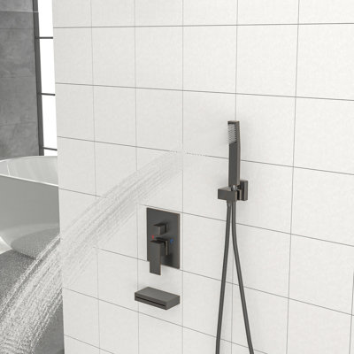 Ceiling Mount Shower With Waterfall Spout - 12 Inch Square Rainfall Head, Handheld, Oil Rubber Bronze, Bronze Setup Tub And Head 12" Square, Valve, Covers Extensively