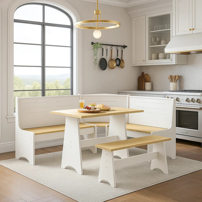 59" Chapman 3-Piece Corner Breakfast Nook Dining Set With Storage Benches – White & Oak Finish, Tan Tabletop / White Base