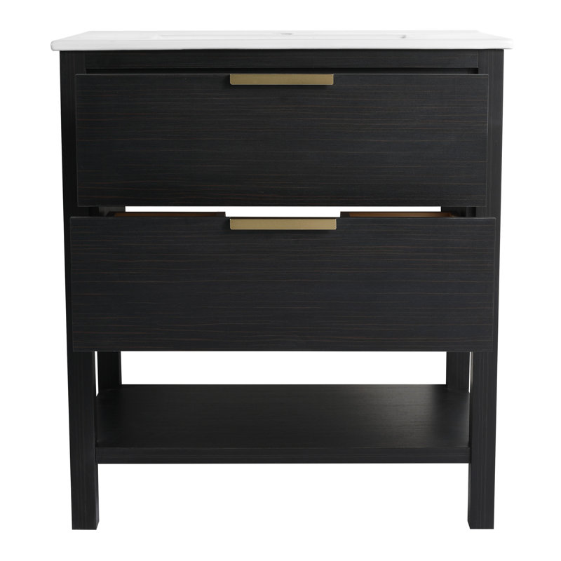 Armoire de salle de bain en contreplaqué 30 po autoportante avec tablette de meuble-lavabo châtaignier noir 2 tiroirs