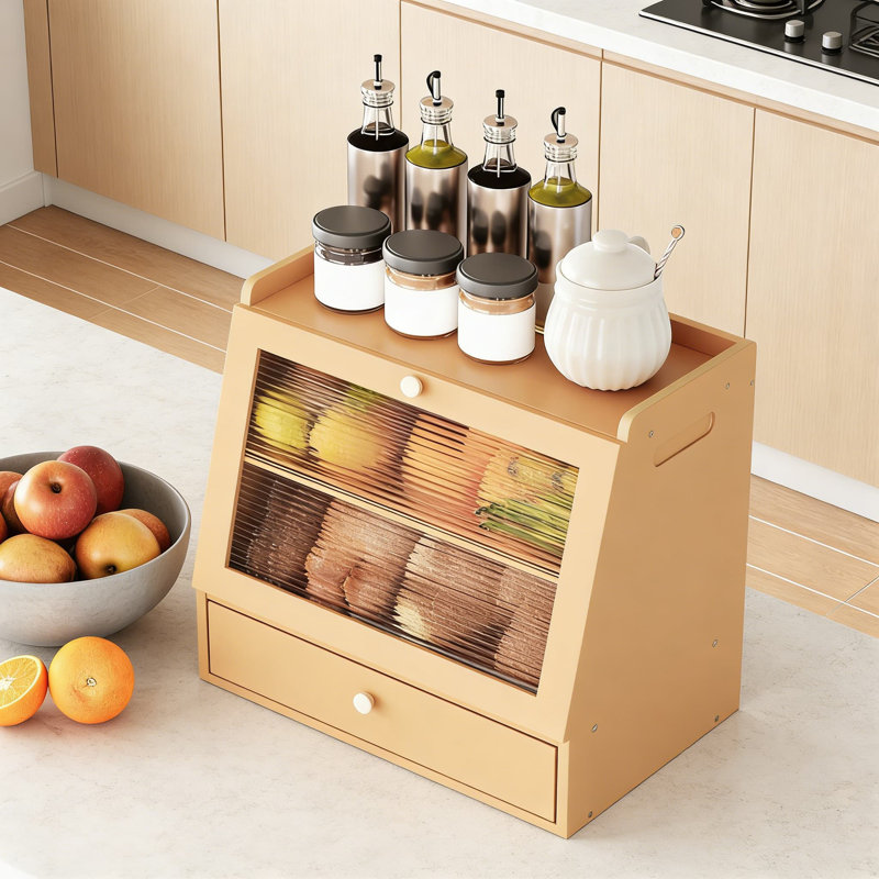 Boîte à pain en bambou avec porte en acrylique et tiroir, contenant de rangement de cuisine à 2 niveaux pour l'organisation des aliments et la fraîcheur