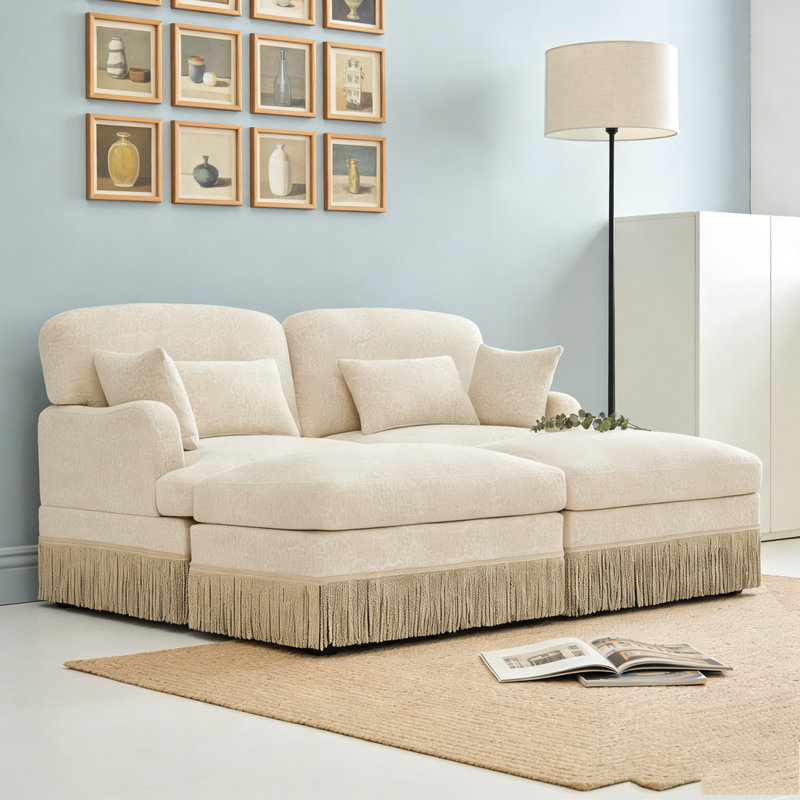 Comfy Chenille Leopard Printing Sofa,Delicate Tassel Edge,Movable Ottomans,Modern Fashion Style, Beige+2seat+2Ottomans