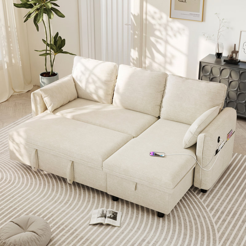83" L Shaped Storage Sectional Sofa Couch, Pull Out Sleeper Sofa Bed