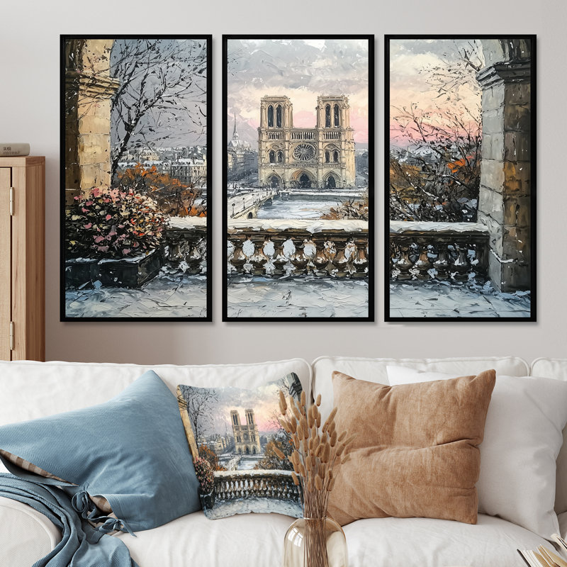 Ensemble de décorations murales Parisian Elegance Notre Dame Cathedral I - City Paris, Toile avec cadre flottant noir