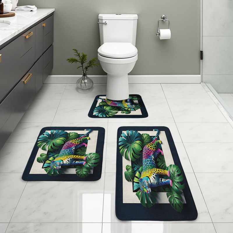  Leopard Bathroom Rug Set 3 Pieces U-Shape & Rectangle Mats Green Petrol Blue