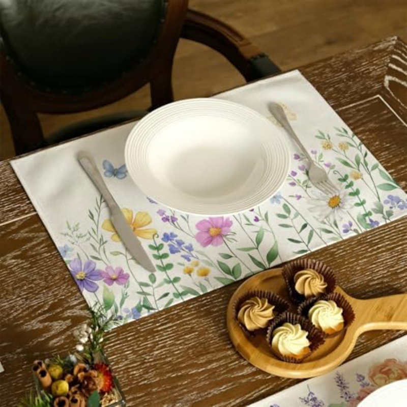 Daisy Butterfly Spring Summer Placemats 12x18 Inch Set of 4, Wildflower Table Mats Farmhouse Rustic Holiday Kitchen Dining Decorations for Indoor Outdoor Dinner Party Décor Pink