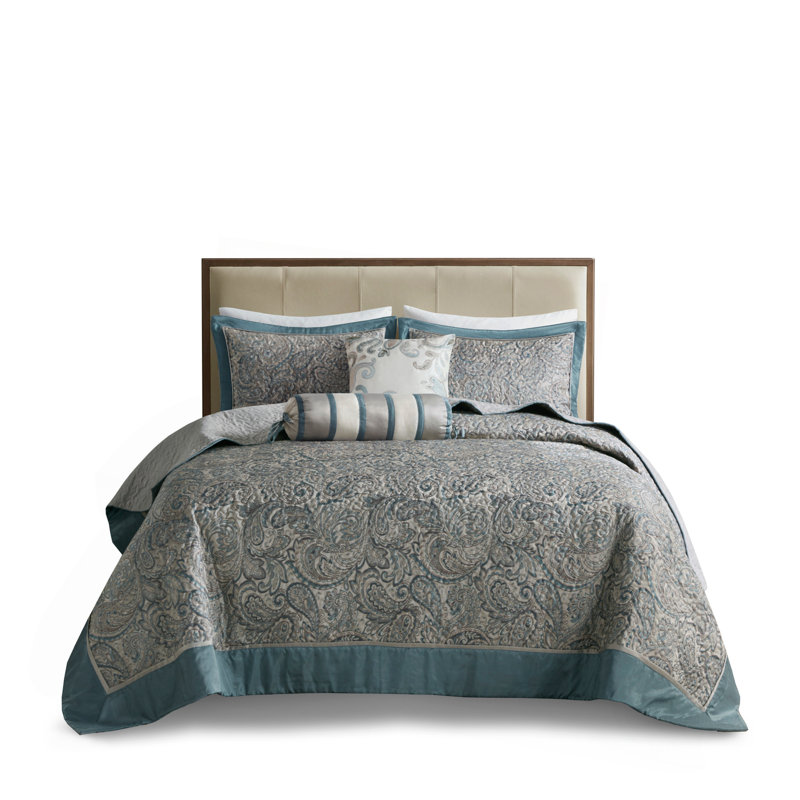 Ensemble de couvre-lit 5 pièces en jacquard avec coussins grand sarcelle, Couvre-lit très grand + 4 pièces supplémentaire