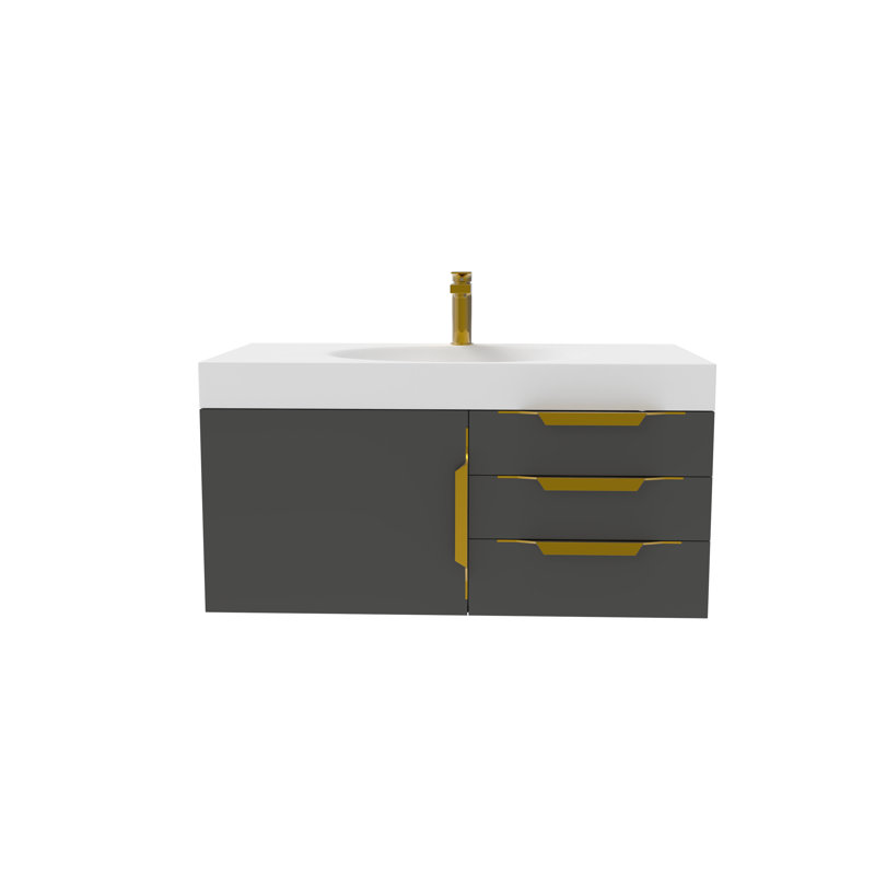 Ensemble de meuble-lavabo simple 36 po Genieva, Blanc, Noir, Or
