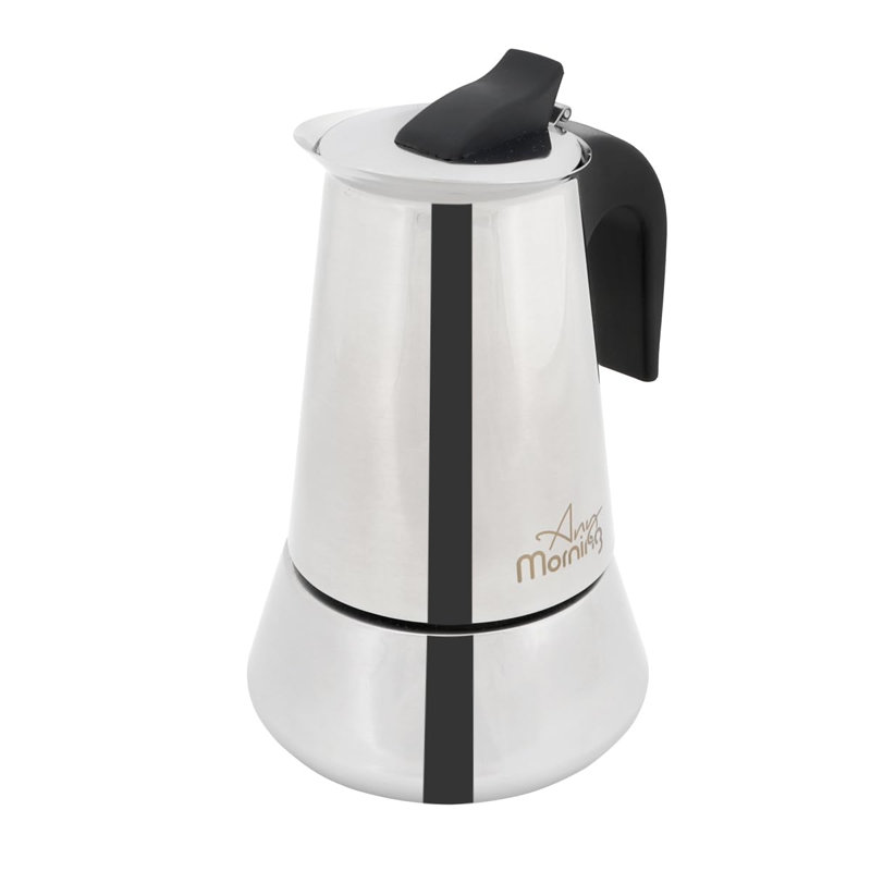 Jun-6 Stainless Steel Moka Pot 300ml (10.1 fl oz) 6-Cup Espresso Maker with Safety Valve, BPA-Free Handle, Induction Compatible