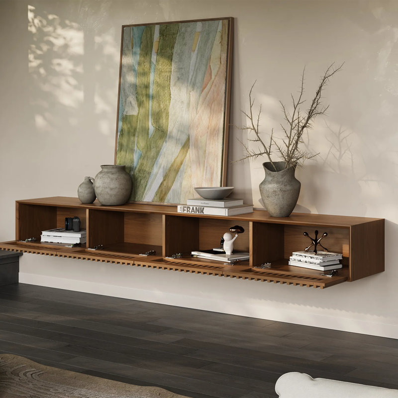 Meuble télé moderne flottant, entièrement assemblé, Brun, 11.02"H x 94.49"W x 15.75"D