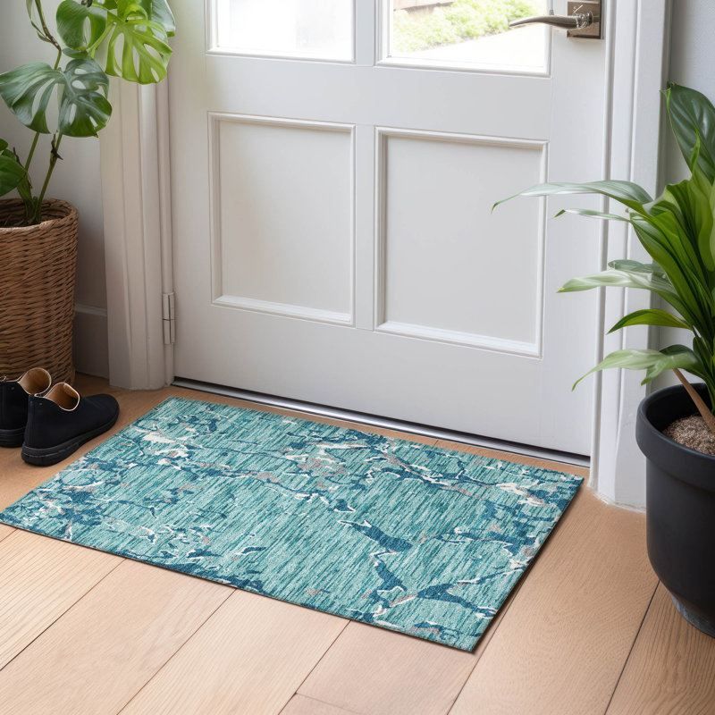 Teal Abstract Washable Synthetic Indoor/Outdoor Rug