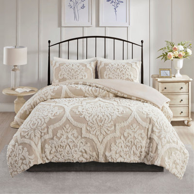Ensemble d'édredon damassé en coton 3 pièces taupe