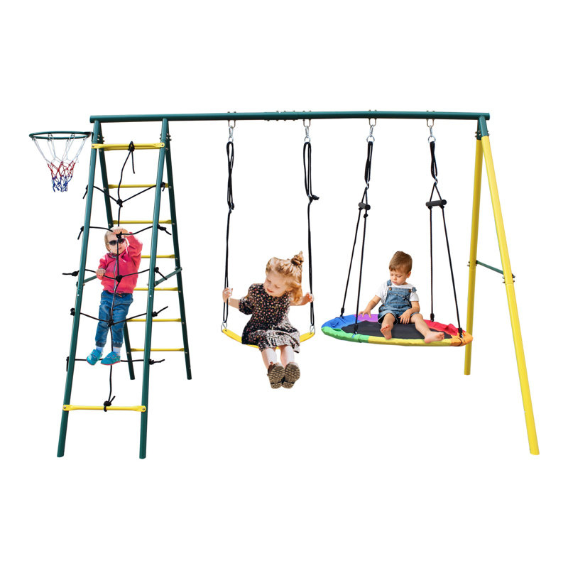 Ensemble de balançoires en métal 4 en 1 avec échelle d'escalade, filet, balançoire à ceinture et support en A pour jouer à l'extérieur, multicolore