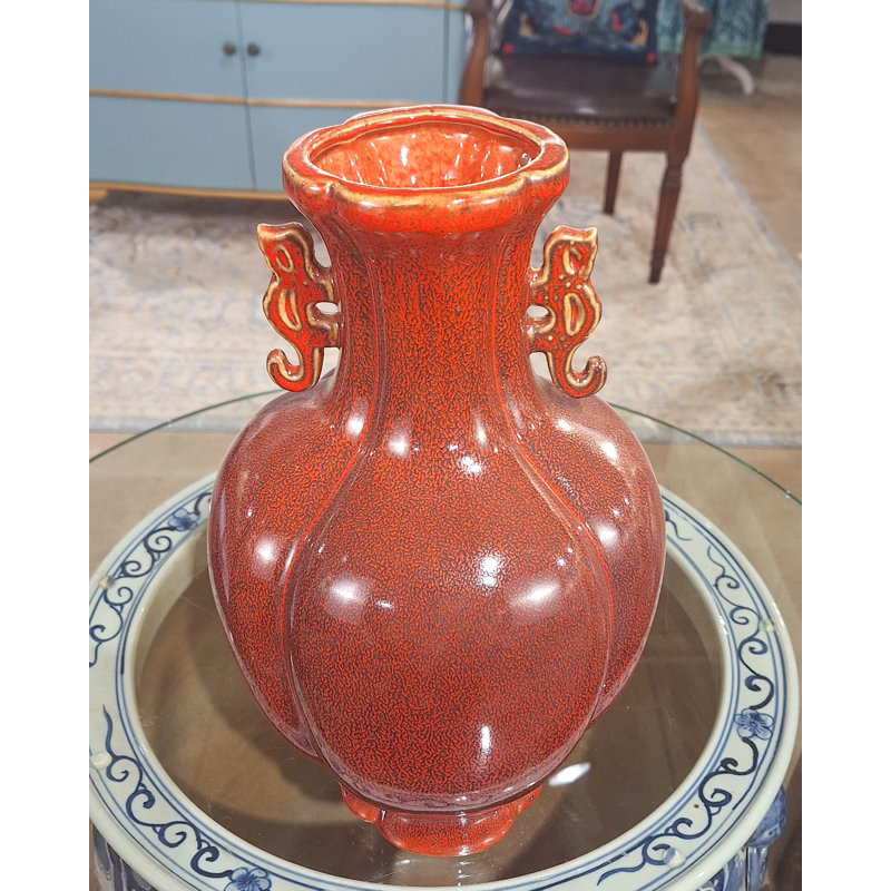 Vase en porcelaine glacis, H 14,5 po x l 9 po x P 9 po, Noir / Rouge