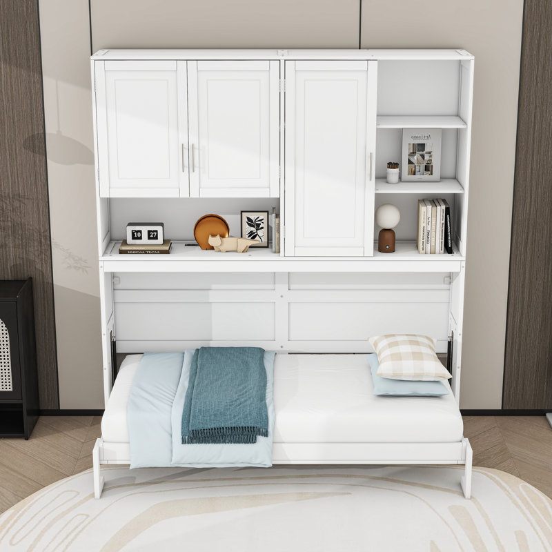 Lit escamotable simple en bois avec rangement et lumière et USB, Blanc
