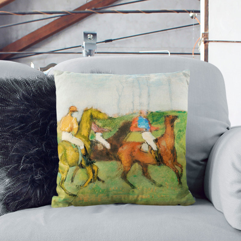 Jockeys And Race Horses Square Throw Cushion, White, 40cm H x 40cm W x 15cm D