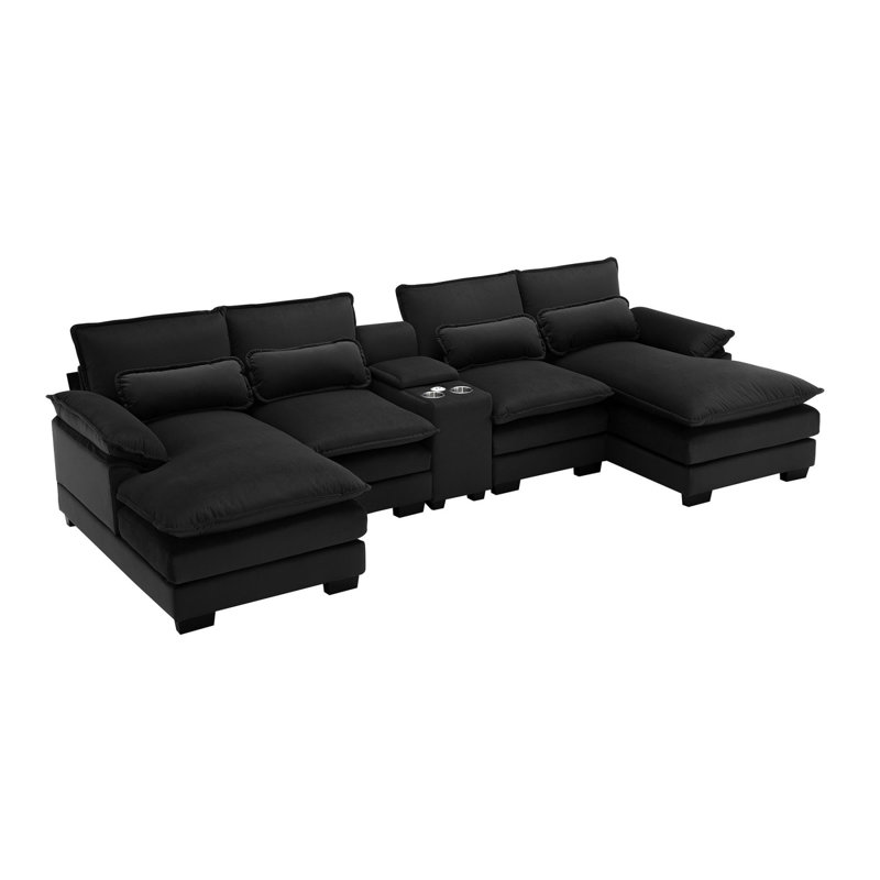 Clidie U Shaped Upholstered Sectional Sofa with Chaise, Black Velvet